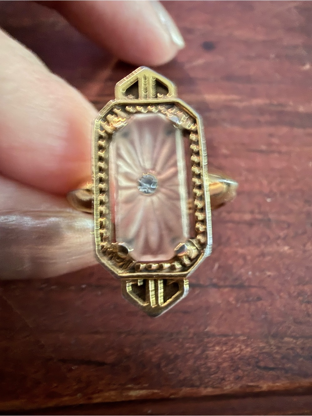 Vtg Avon Frostlights Pink Camphor Glass Art Deco Sunburst Ring 1977 sz 7 - 7.5